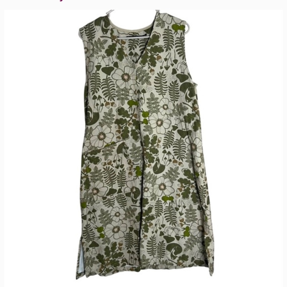 Gudrun Sjoden Linen Blend Green Mushroom Print Sleeveless VNeck Dress Women's M
